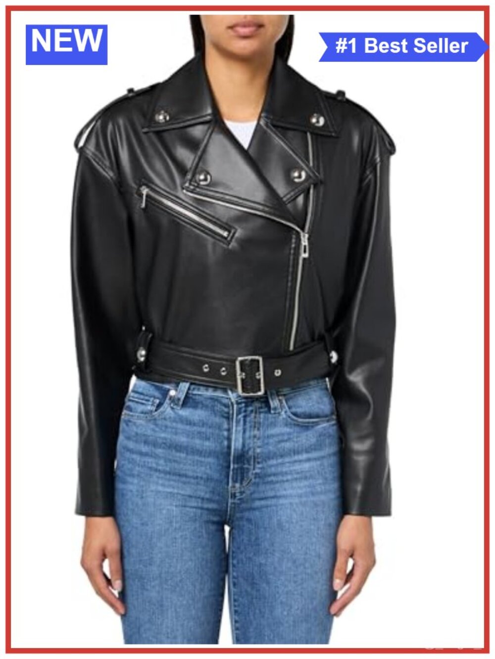 Women's Leather Biker Jacket Long Sleeve Zip Moto Rider